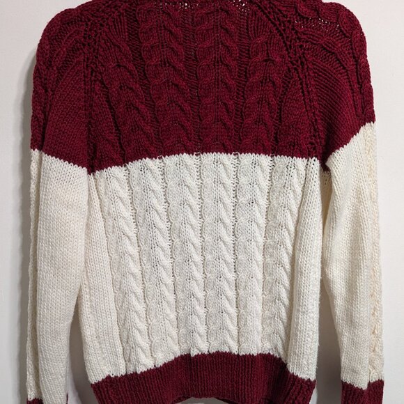 Hand knit cable cardigan maroon and white - Picture 2 of 14